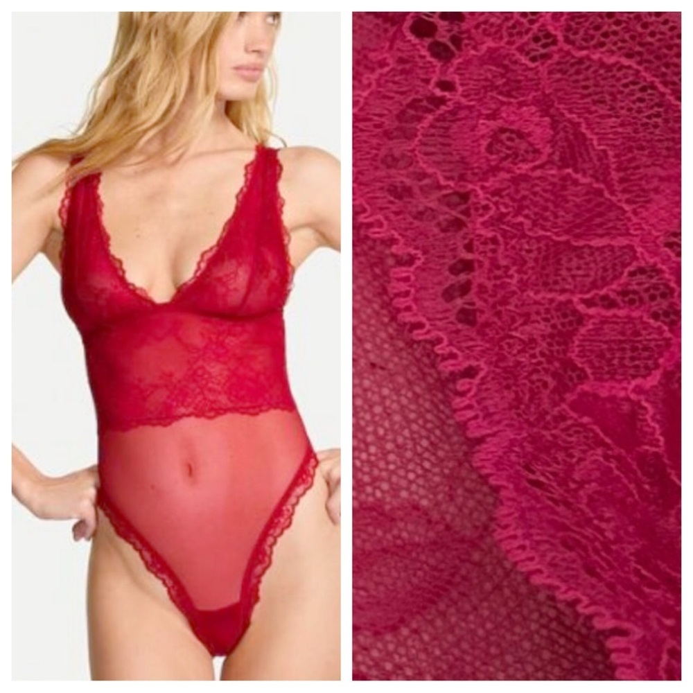 New! Victoria's Secret Sheer Dark Pink Rose Lace Bodysuit Medium 51997